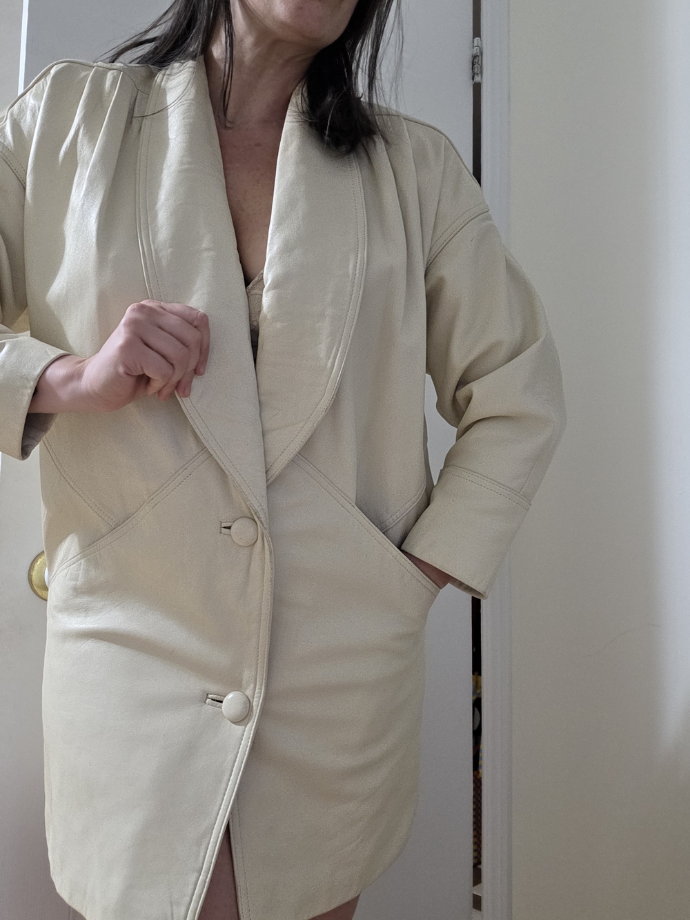 Vintage Butter Cream Leather Coat With Leopard Lining Oversized